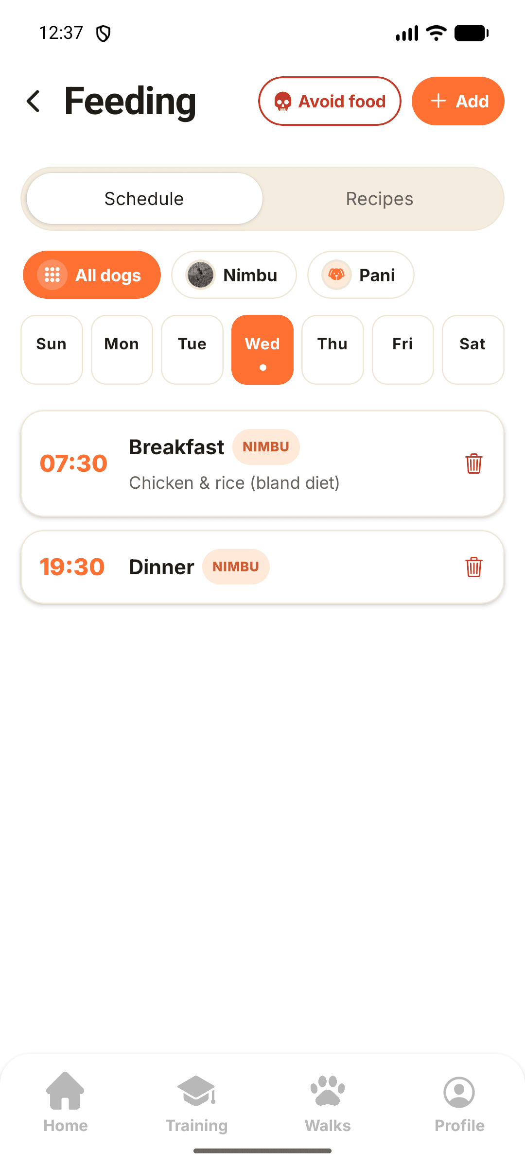 Feeding in the Wagly app